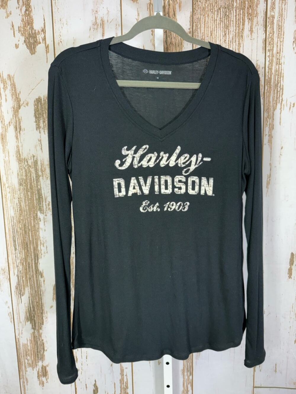 Harley-Davidson Black V-Neck Long Sleeve Waffle Knit Top. Size Medium.